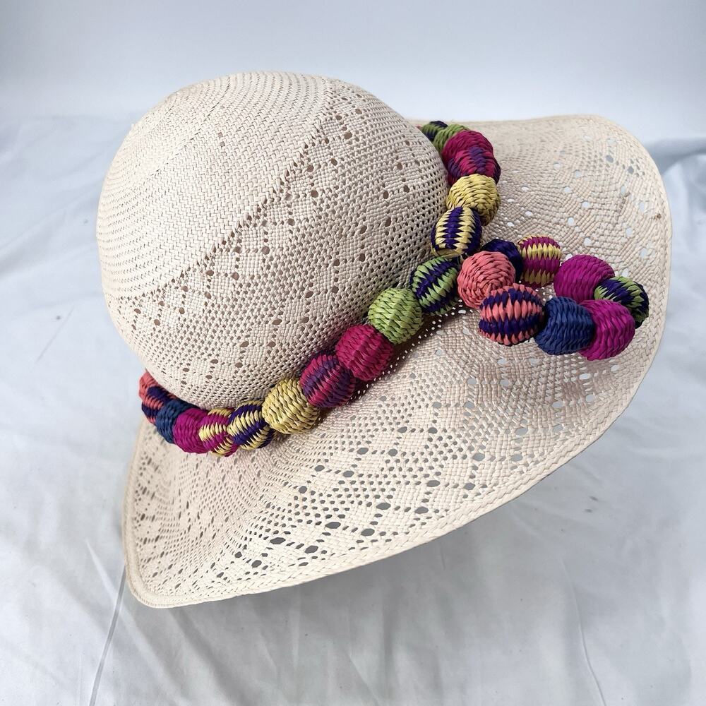 Montecristi Hats Ecuador Straw Floppy Wide Brim Sun Hat Colorful Details - Picture 3 of 10